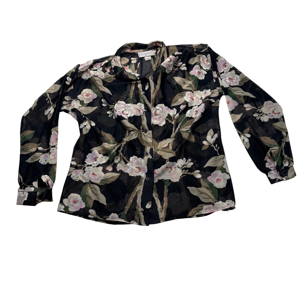 Vintage Shapely Floral Semi Sheer Blouse Black Pink Long Sleeve 18 #912